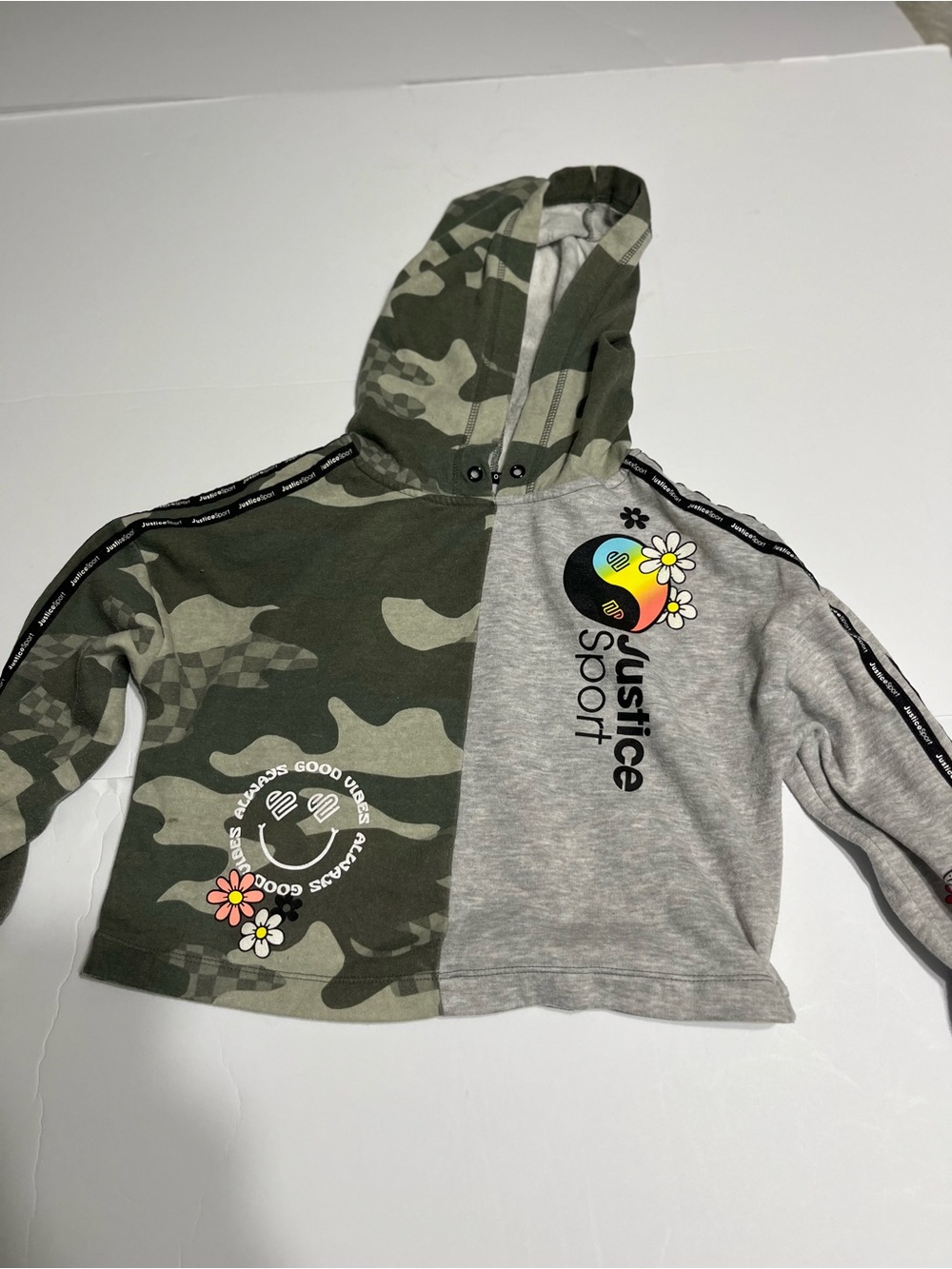 Justice Sport Green Camo and Gray Cropped Hoodie with Graphic Logos